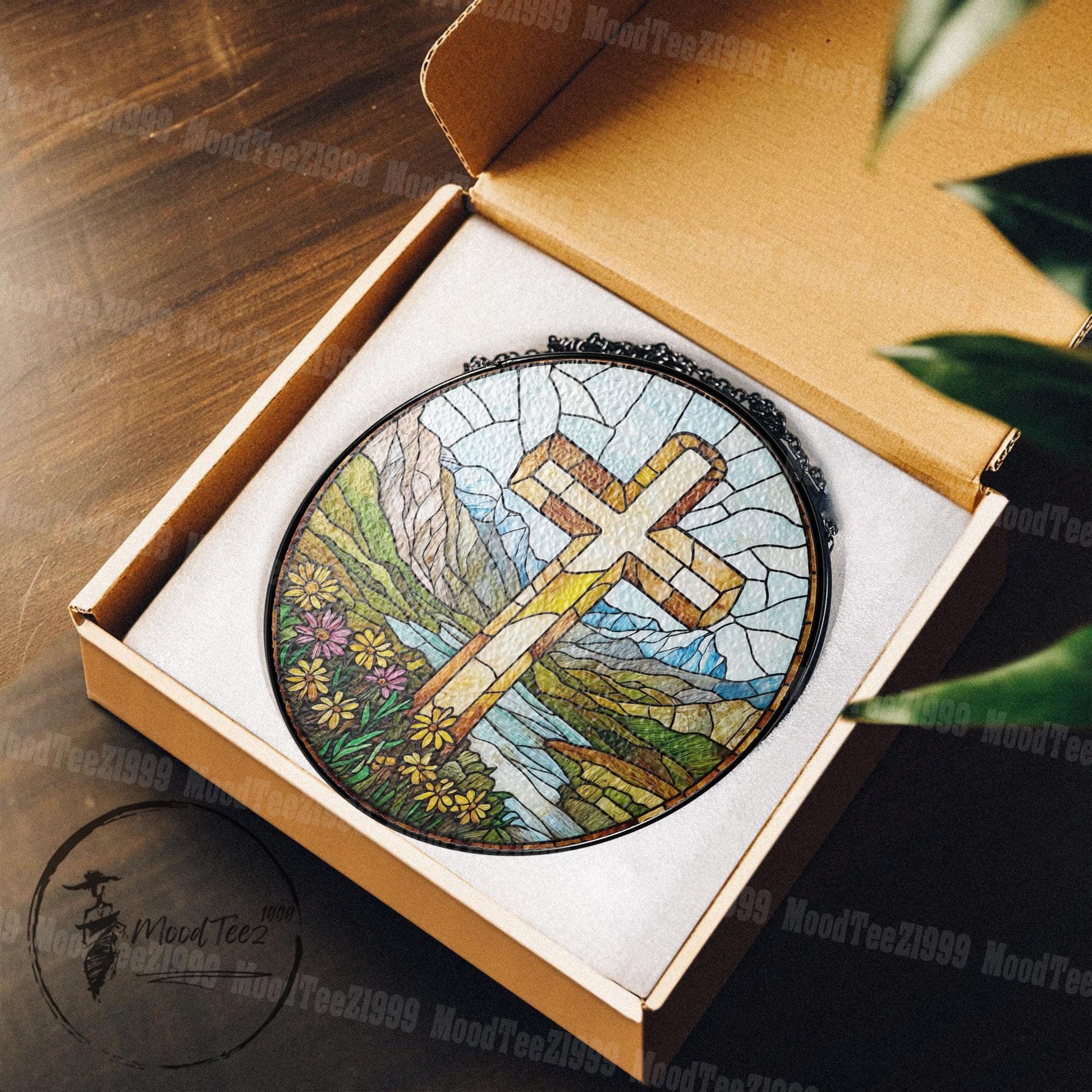 Stained Glass Cross Suncatcher: Scenic Mountain & Floral Window Hanging
