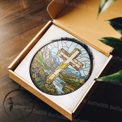 Stained Glass Cross Suncatcher: Scenic Mountain & Floral Window Hanging