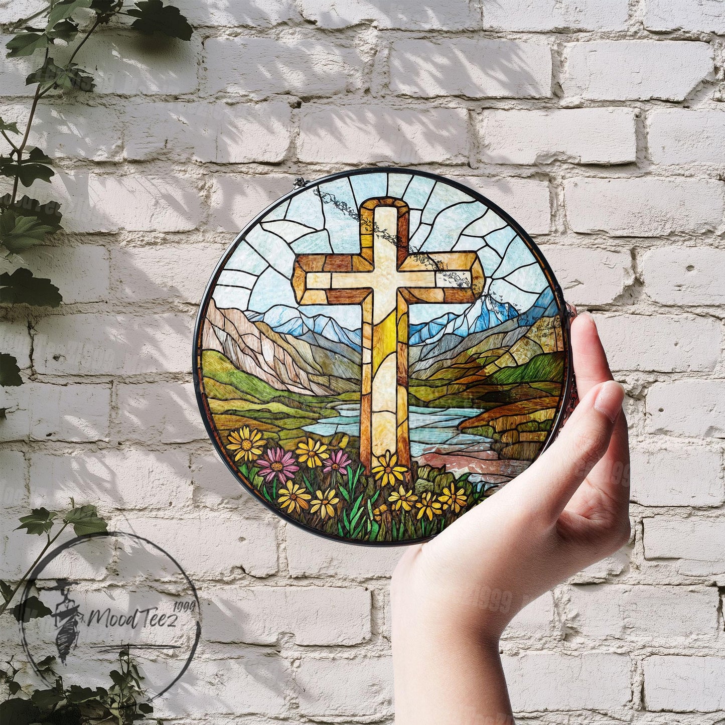 Stained Glass Cross Suncatcher: Scenic Mountain & Floral Window Hanging