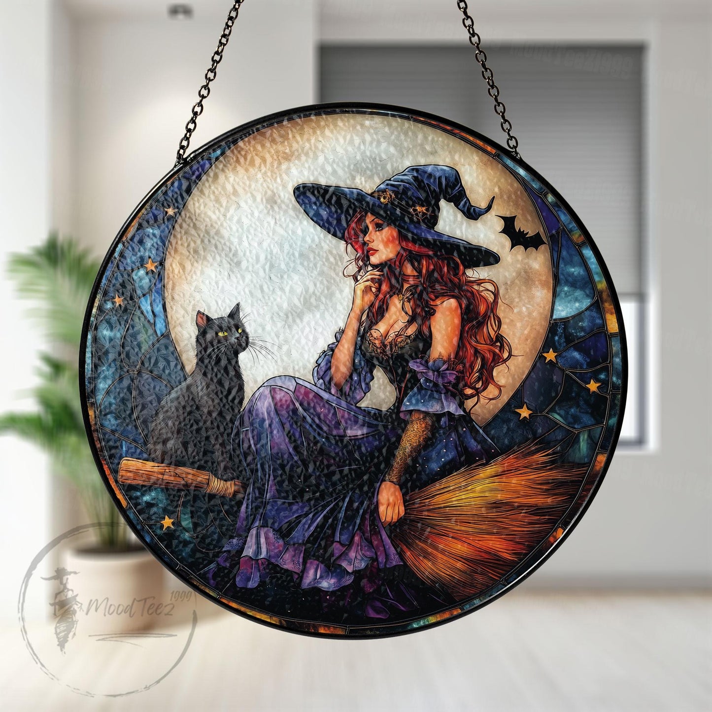 Witch and Black Cat Stained Glass Suncatcher: Halloween Window Decor