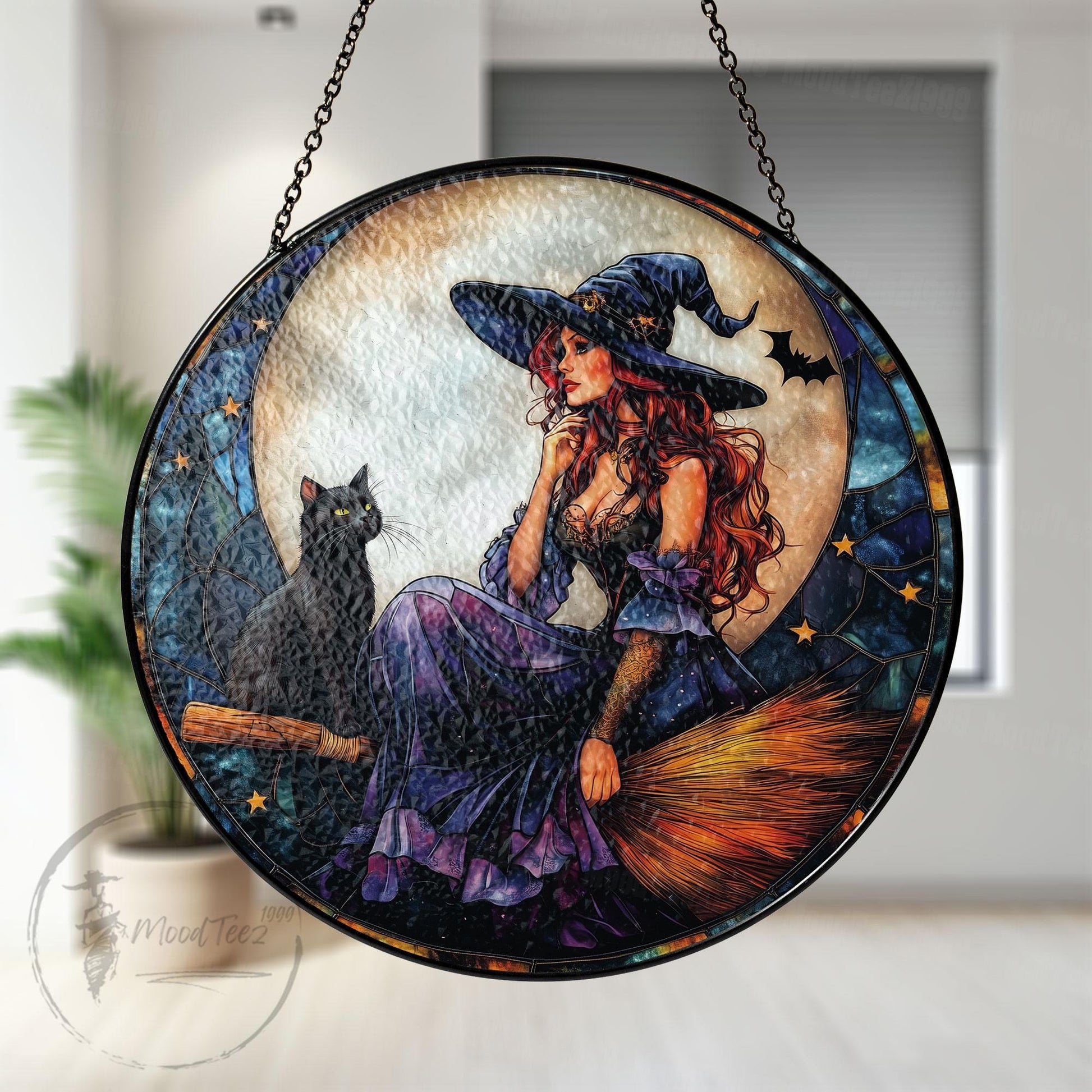 Witch and Black Cat Stained Glass Suncatcher: Halloween Window Decor