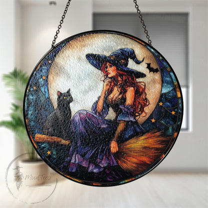 Witch and Black Cat Stained Glass Suncatcher: Halloween Window Decor