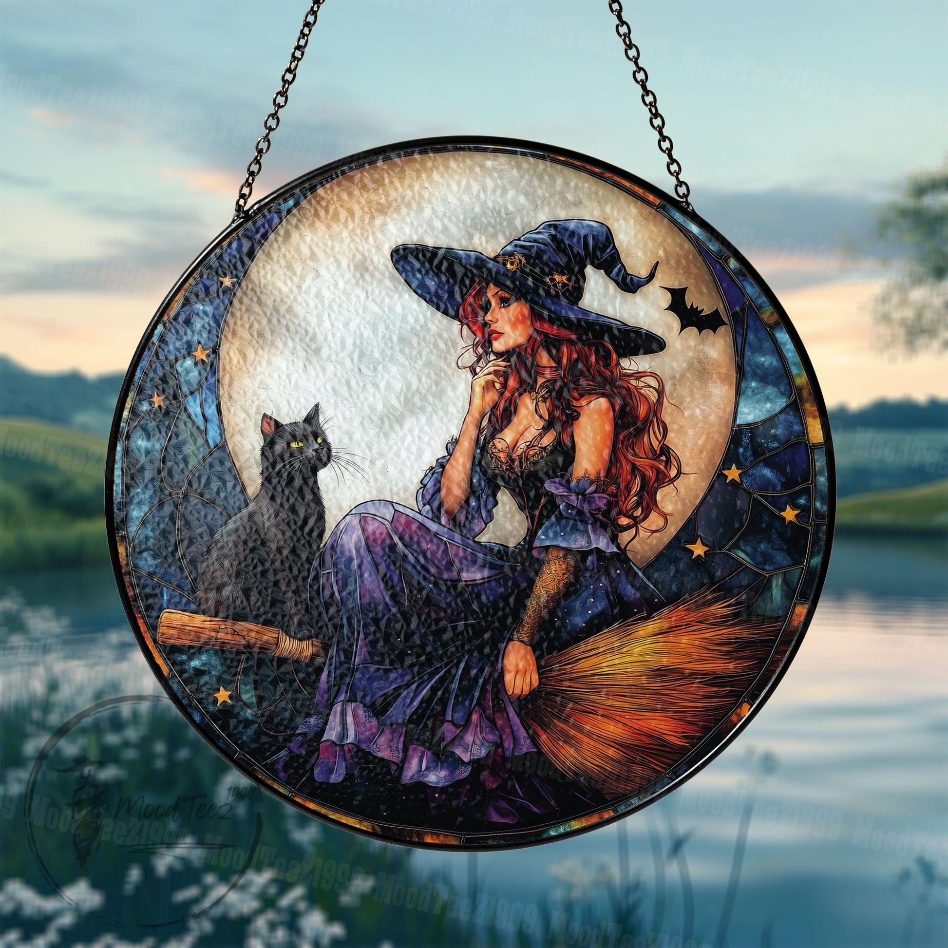 Witch and Black Cat Stained Glass Suncatcher: Halloween Window Decor