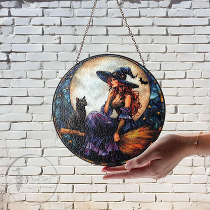 Witch and Black Cat Stained Glass Suncatcher: Halloween Window Decor