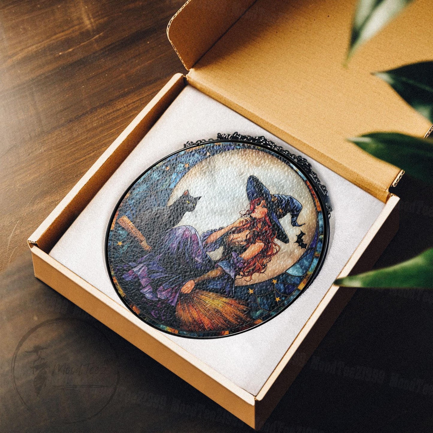 Witch and Black Cat Stained Glass Suncatcher: Halloween Window Decor