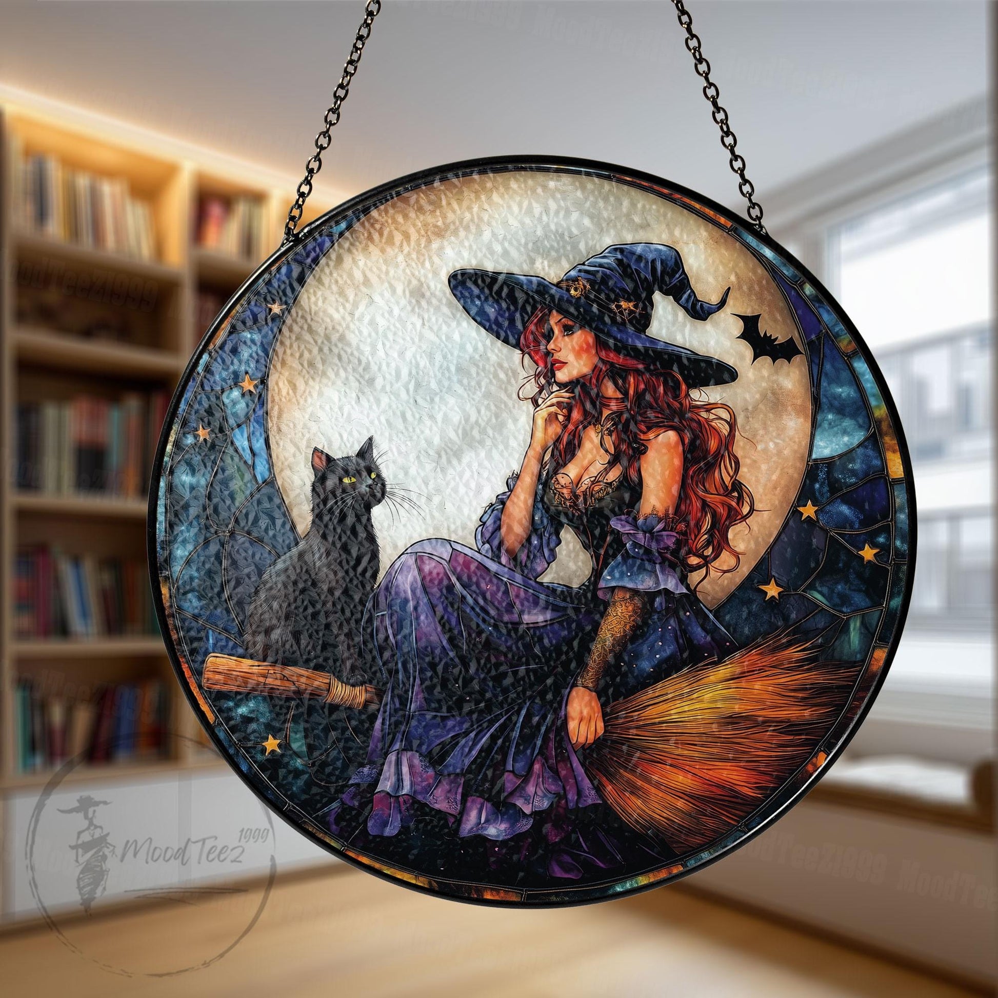 Witch and Black Cat Stained Glass Suncatcher: Halloween Window Decor
