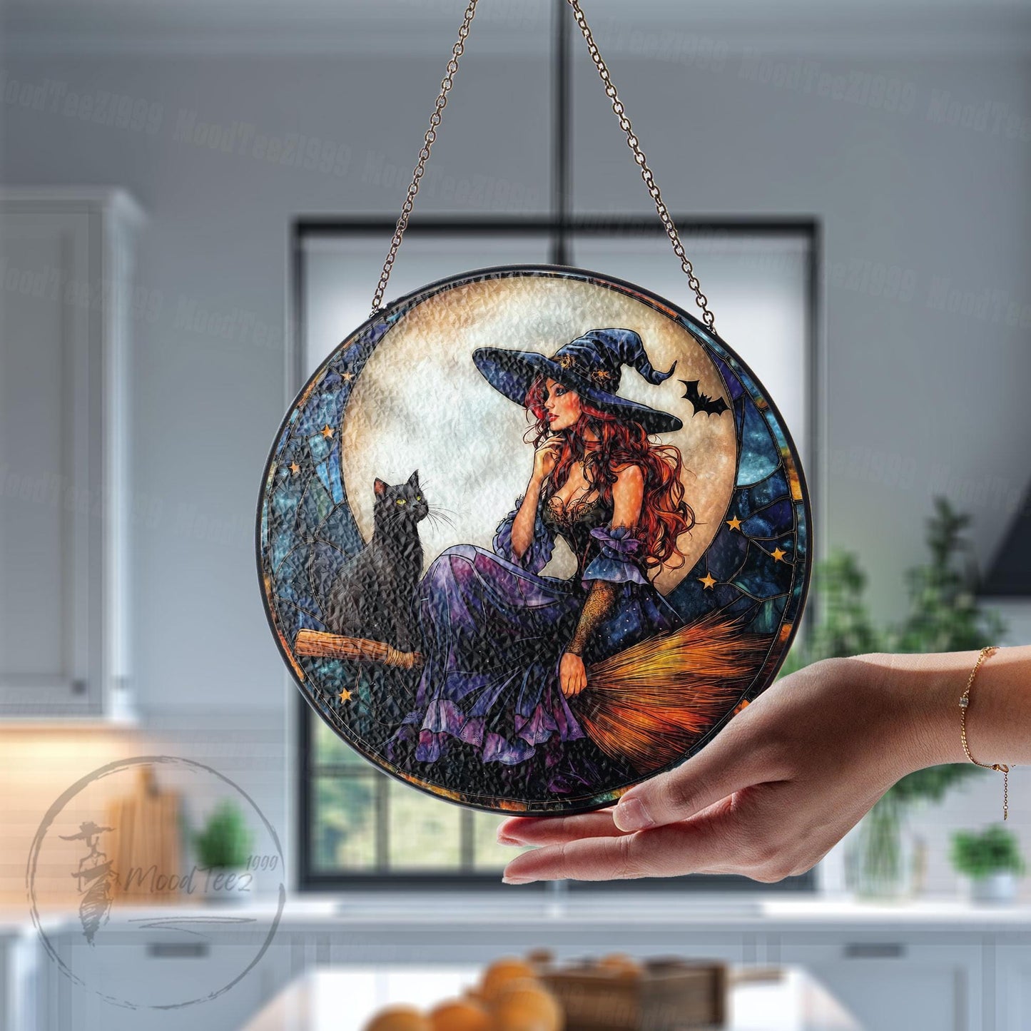 Witch and Black Cat Stained Glass Suncatcher: Halloween Window Decor