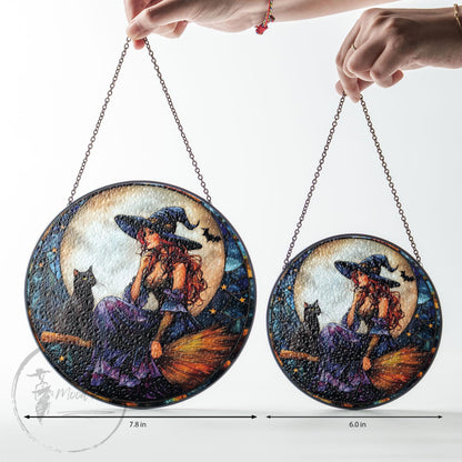 Witch and Black Cat Stained Glass Suncatcher: Halloween Window Decor