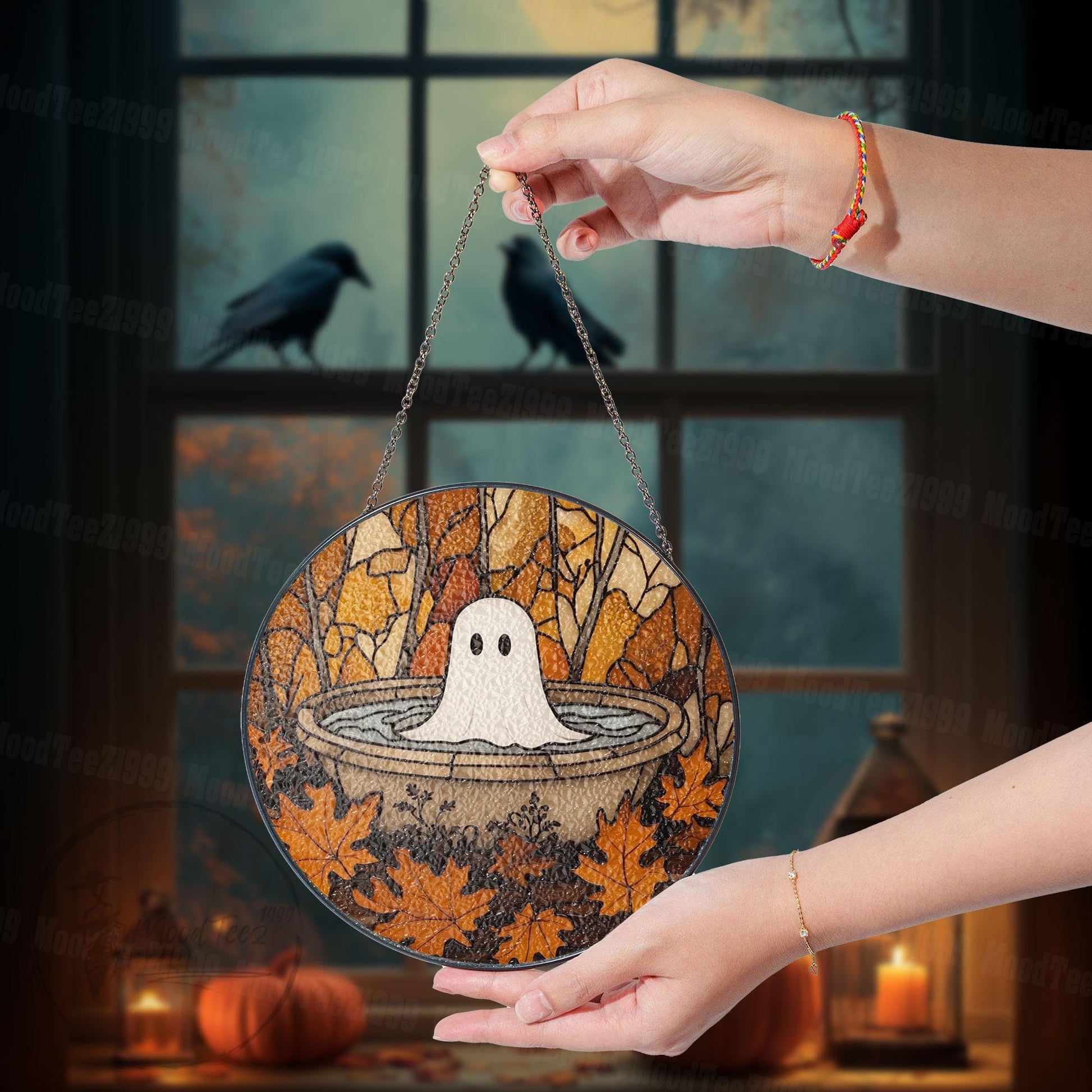 Ghost in Fountain Stained Glass Suncatcher: Halloween Window Decor