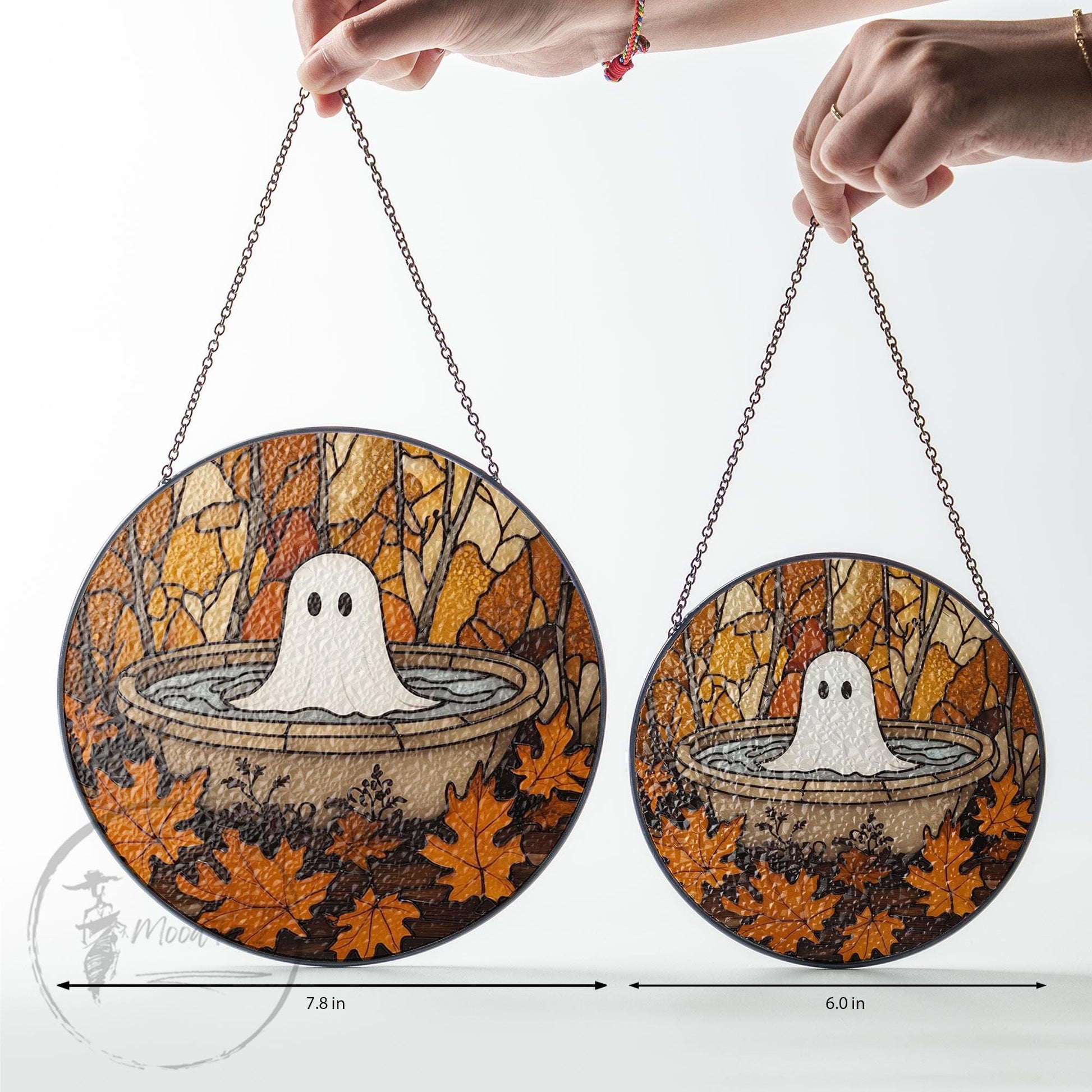 Ghost in Fountain Stained Glass Suncatcher: Halloween Window Decor