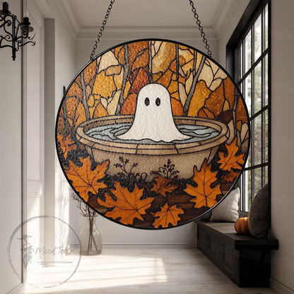 Ghost in Fountain Stained Glass Suncatcher: Halloween Window Decor