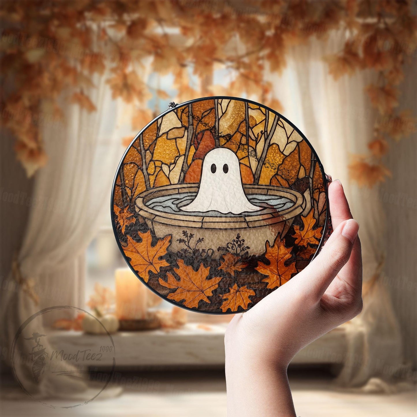 Ghost in Fountain Stained Glass Suncatcher: Halloween Window Decor
