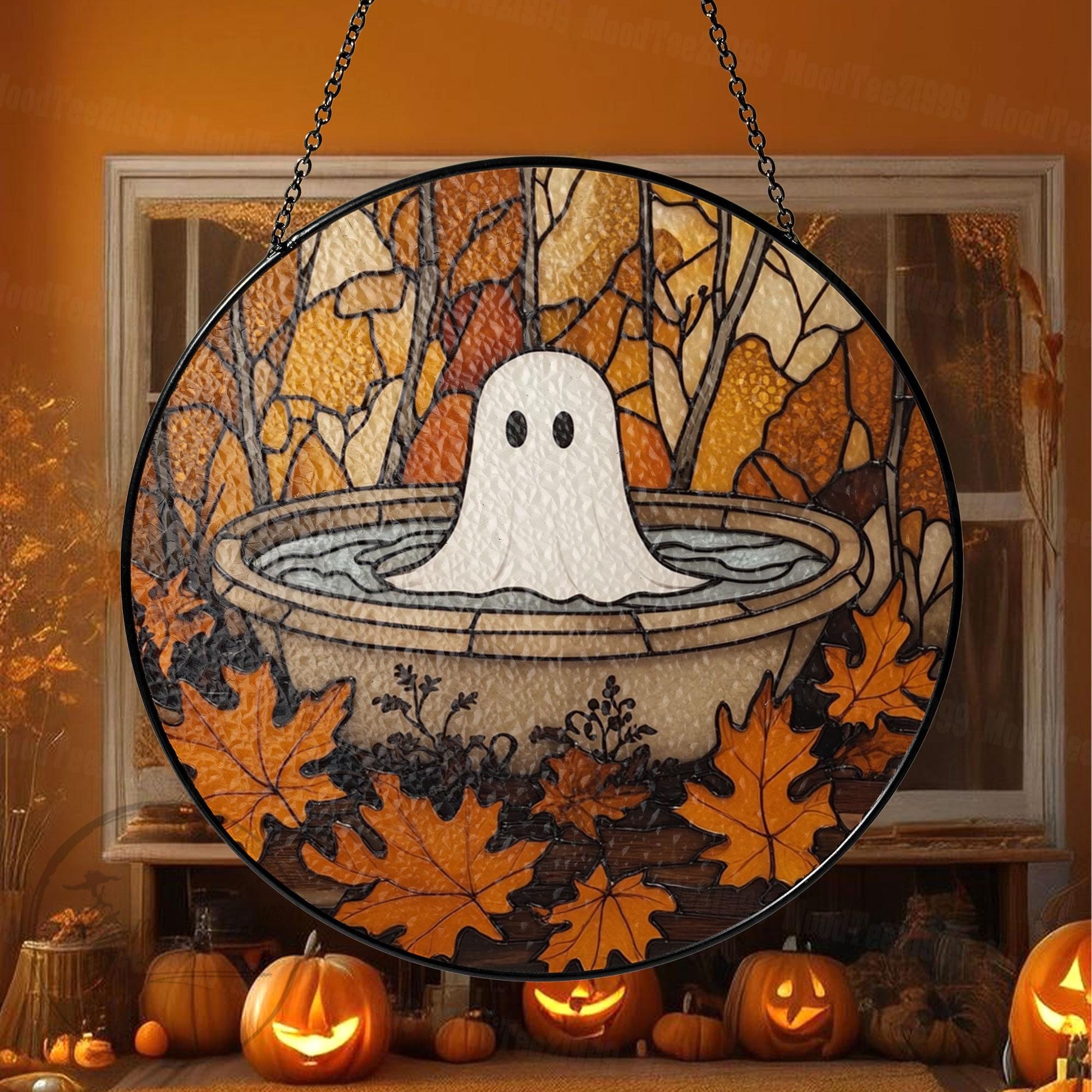 Ghost in Fountain Stained Glass Suncatcher: Halloween Window Decor