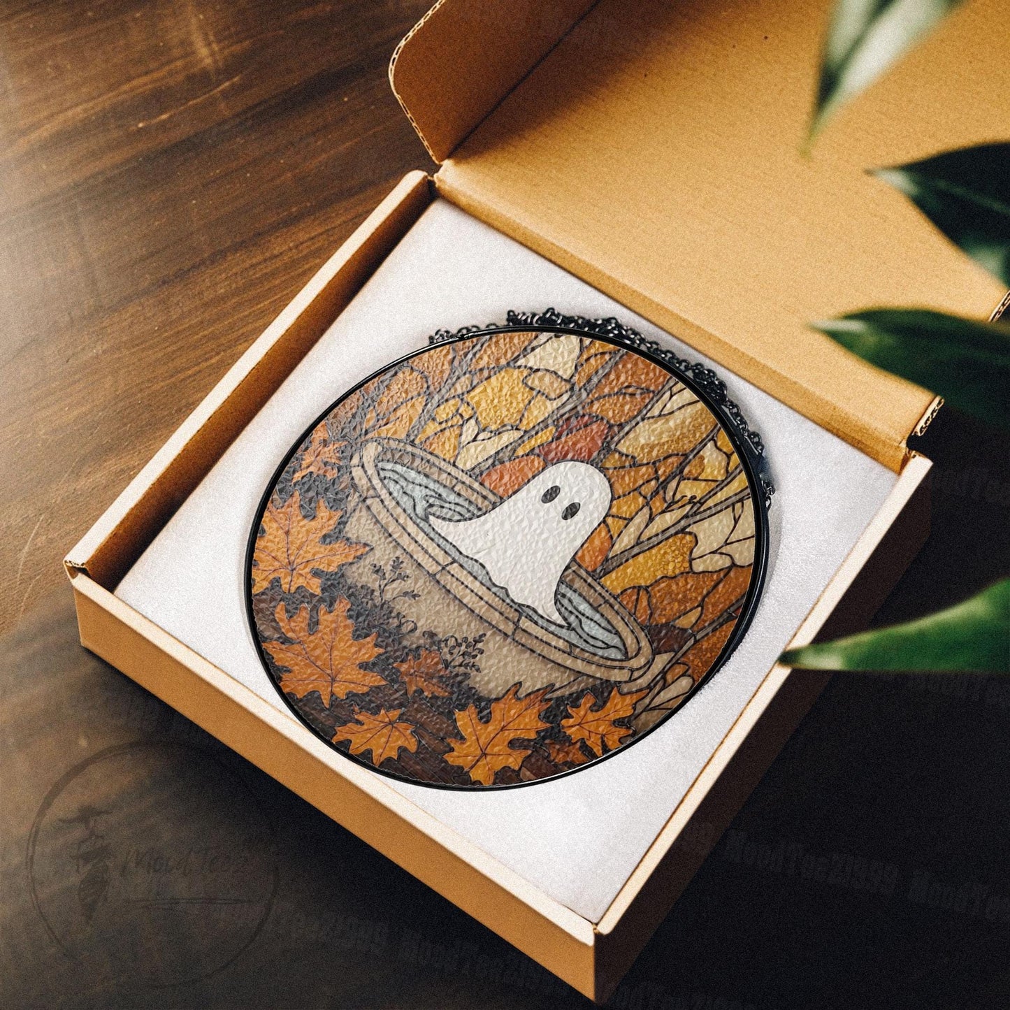 Ghost in Fountain Stained Glass Suncatcher: Halloween Window Decor