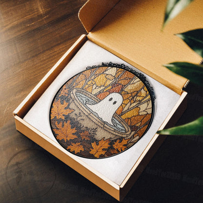 Ghost in Fountain Stained Glass Suncatcher: Halloween Window Decor