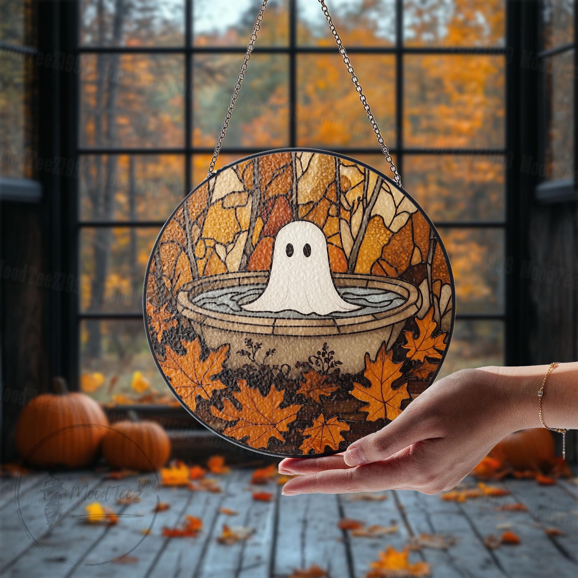 Ghost in Fountain Stained Glass Suncatcher: Halloween Window Decor