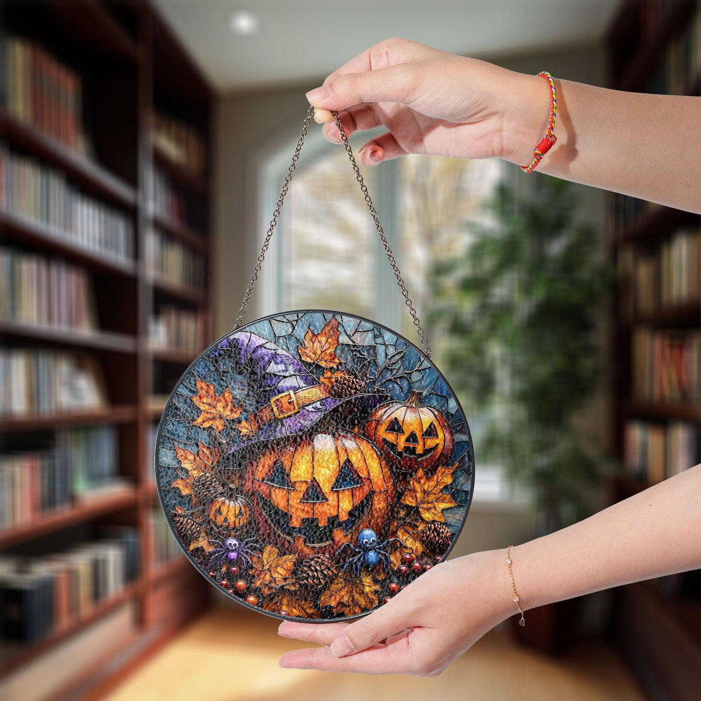 Stained Glass Pumpkin Suncatcher: Halloween Jack O' Lantern, Witch Hat Decor