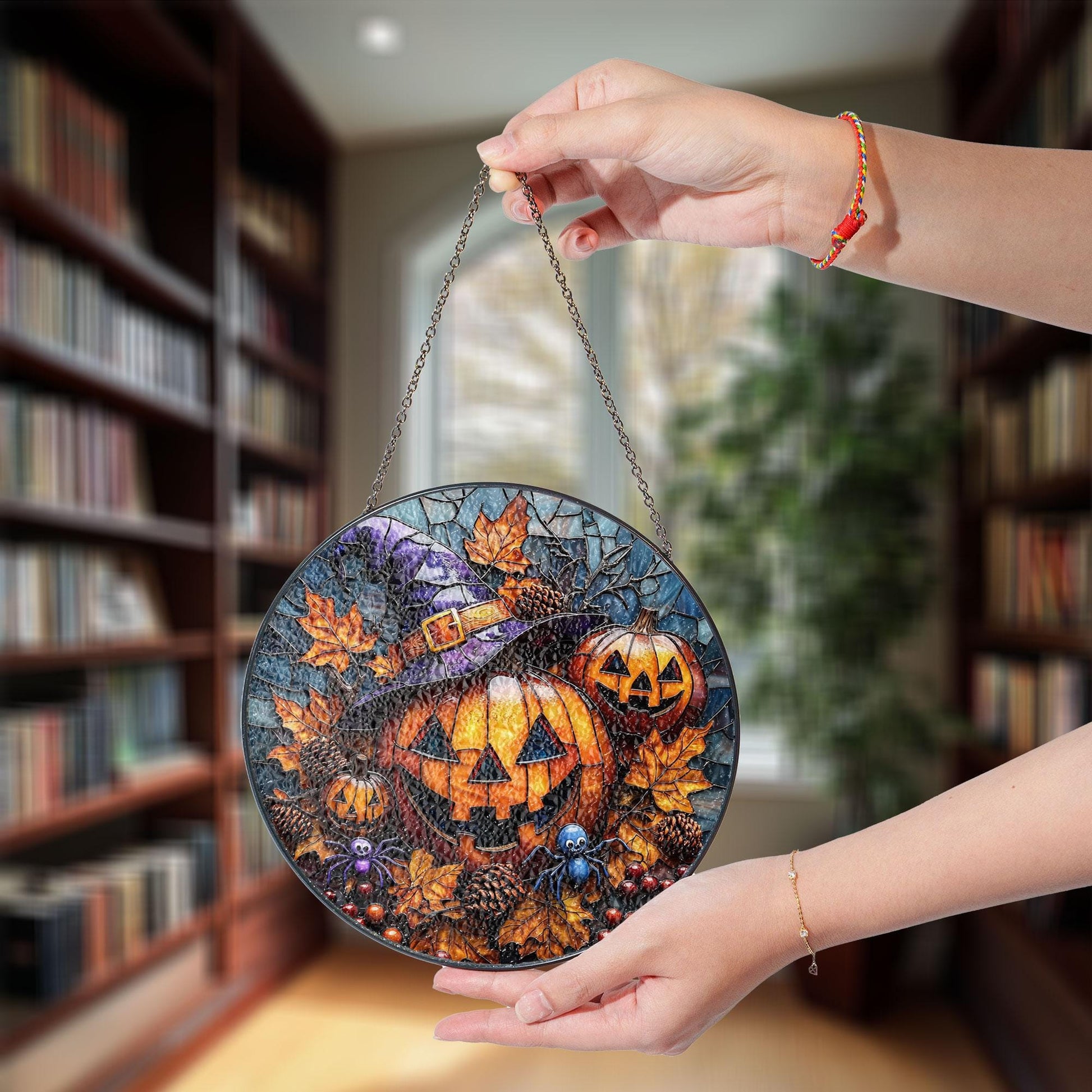 Stained Glass Pumpkin Suncatcher: Halloween Jack O' Lantern, Witch Hat Decor