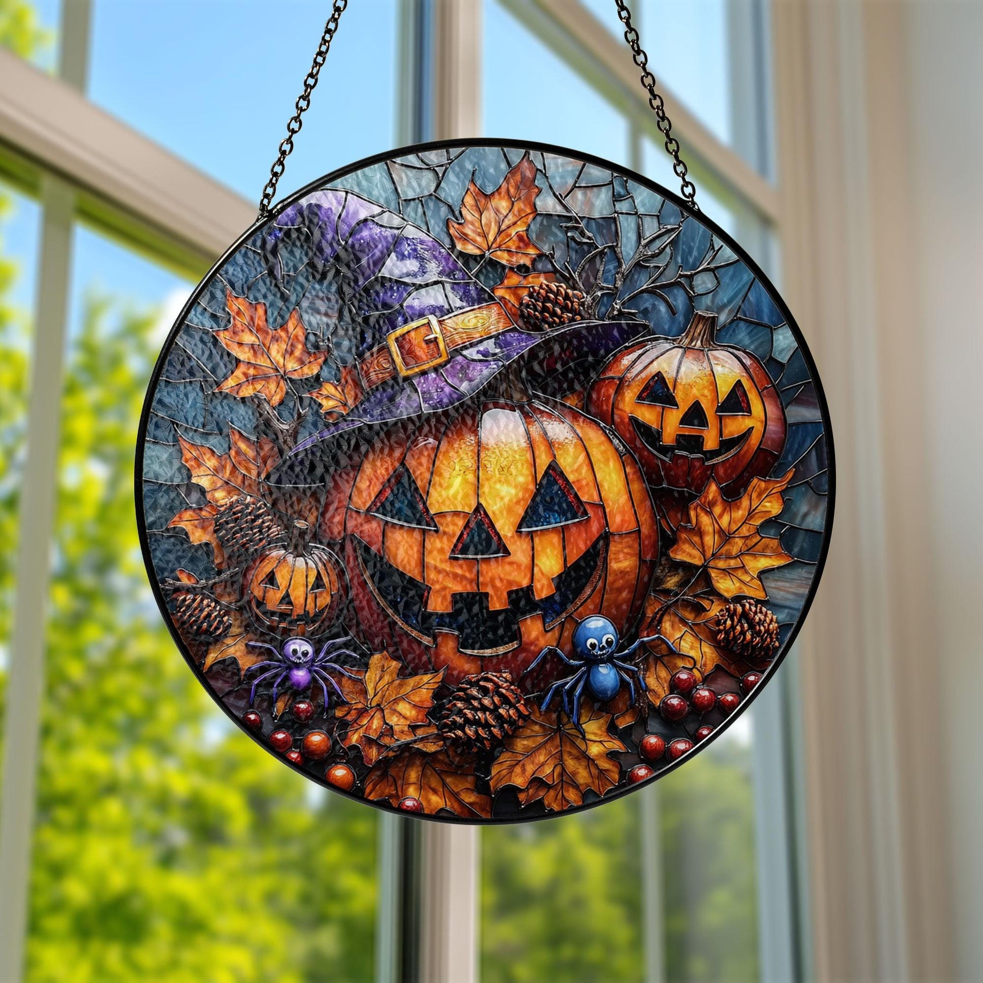 Stained Glass Pumpkin Suncatcher: Halloween Jack O' Lantern, Witch Hat Decor