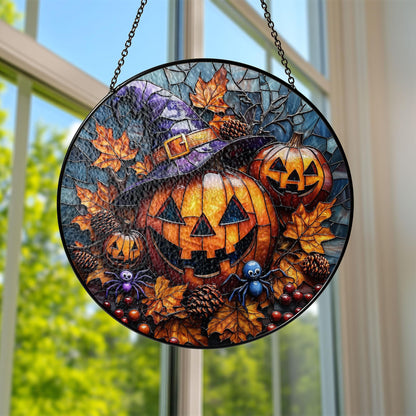 Stained Glass Pumpkin Suncatcher: Halloween Jack O' Lantern, Witch Hat Decor