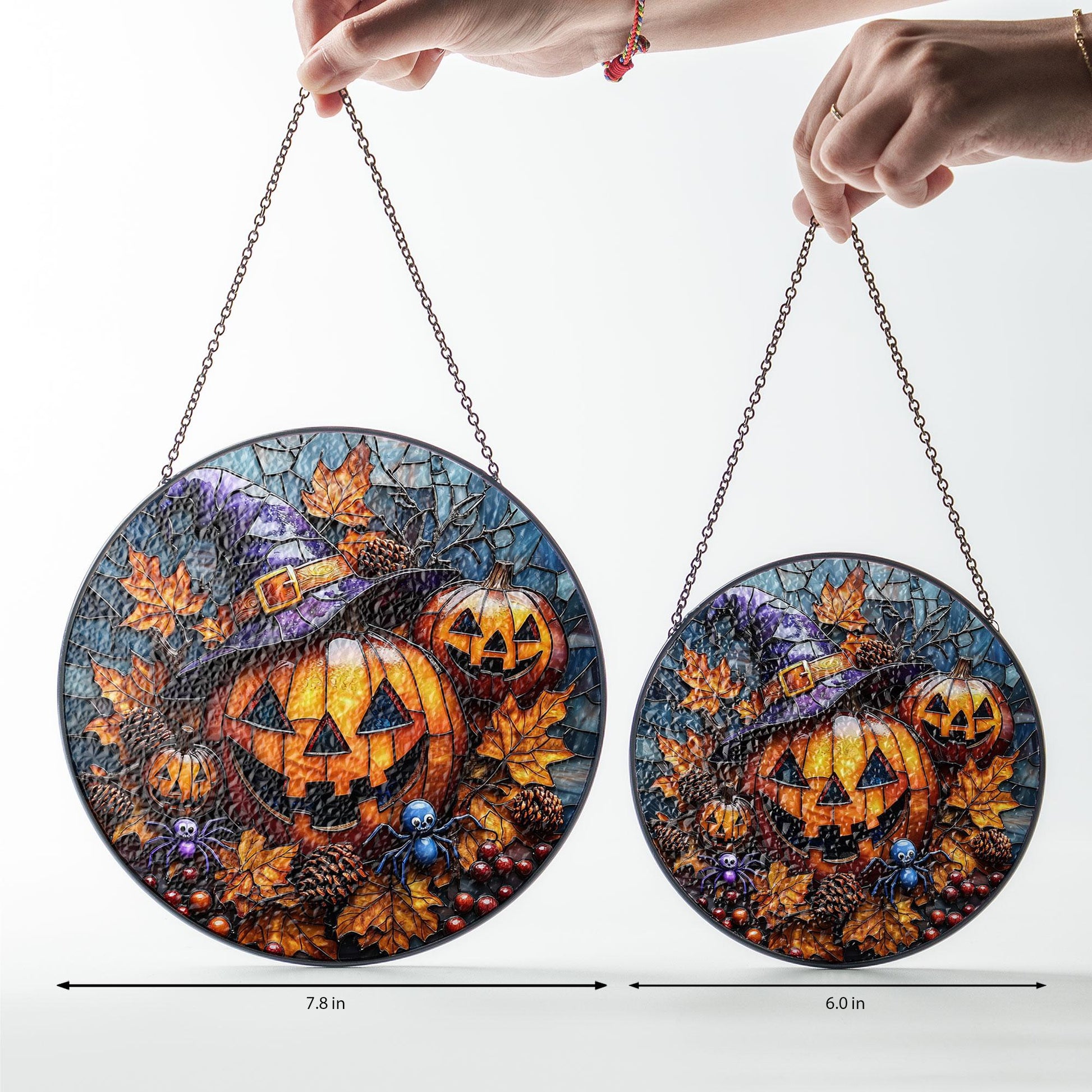 Stained Glass Pumpkin Suncatcher: Halloween Jack O' Lantern, Witch Hat Decor