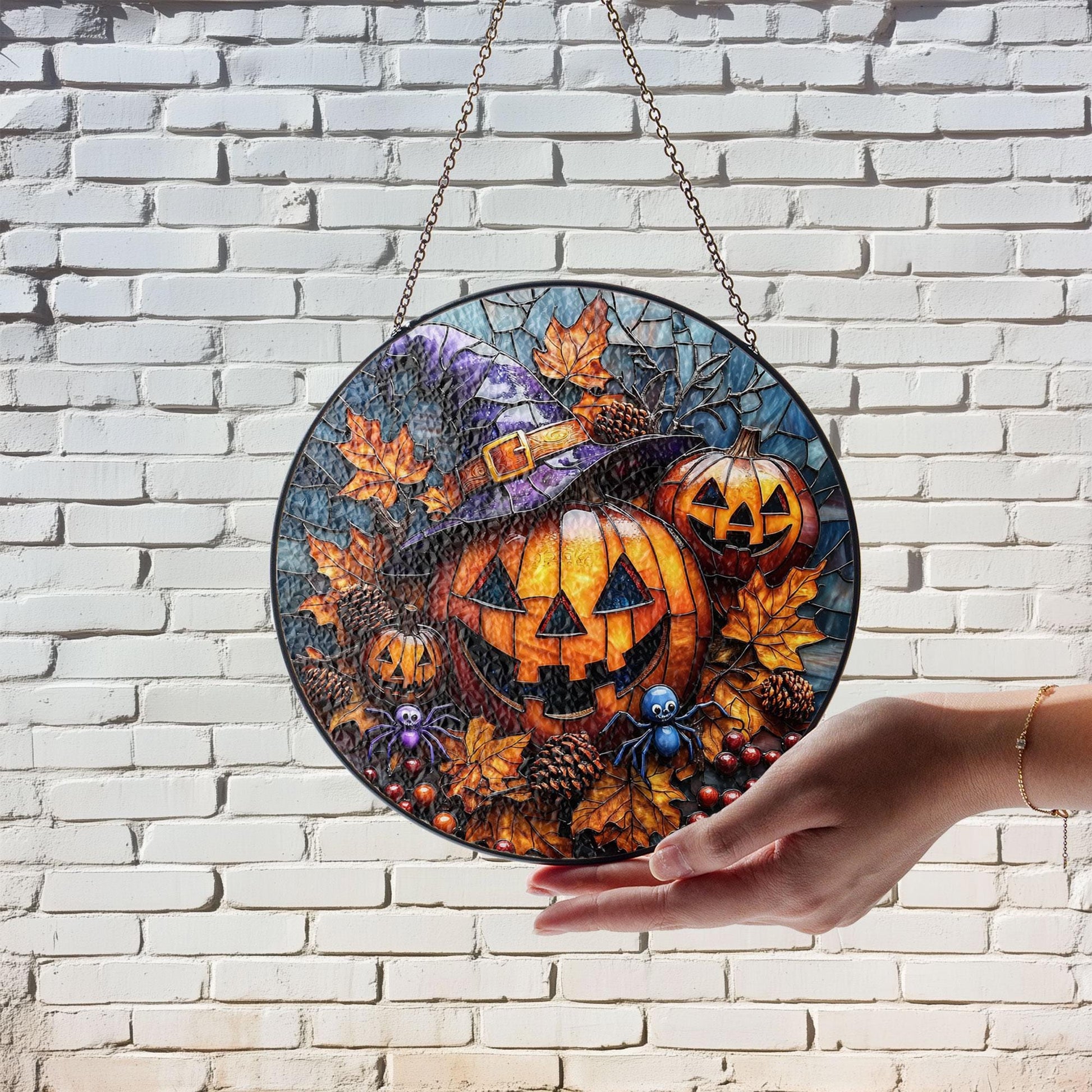 Stained Glass Pumpkin Suncatcher: Halloween Jack O' Lantern, Witch Hat Decor