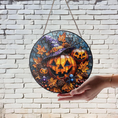 Stained Glass Pumpkin Suncatcher: Halloween Jack O' Lantern, Witch Hat Decor