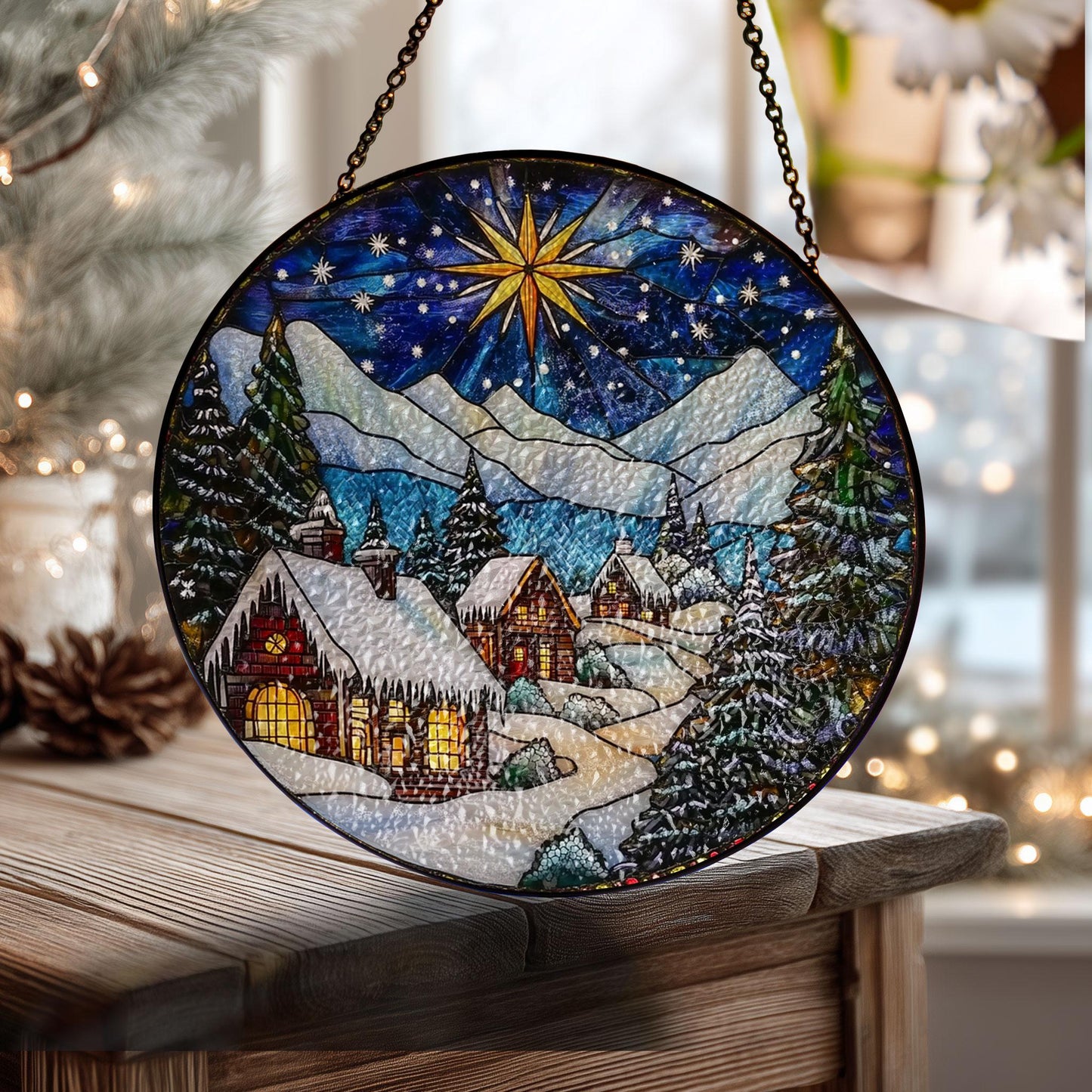 Winter Village Faux Stained Glass Suncatcher: Holiday Cabin Scene