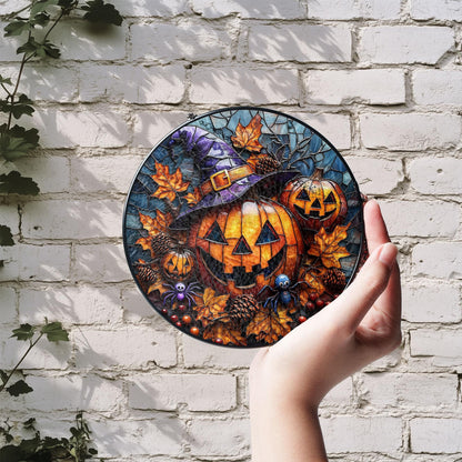 Stained Glass Pumpkin Suncatcher: Halloween Jack O' Lantern, Witch Hat Decor