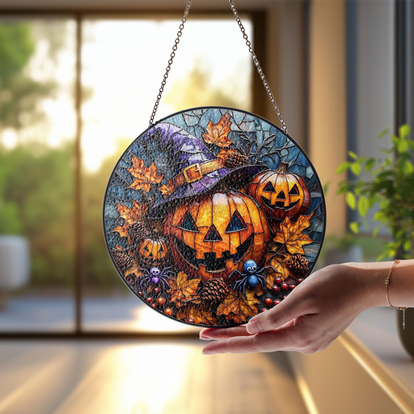 Stained Glass Pumpkin Suncatcher: Halloween Jack O' Lantern, Witch Hat Decor