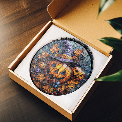 Stained Glass Pumpkin Suncatcher: Halloween Jack O' Lantern, Witch Hat Decor