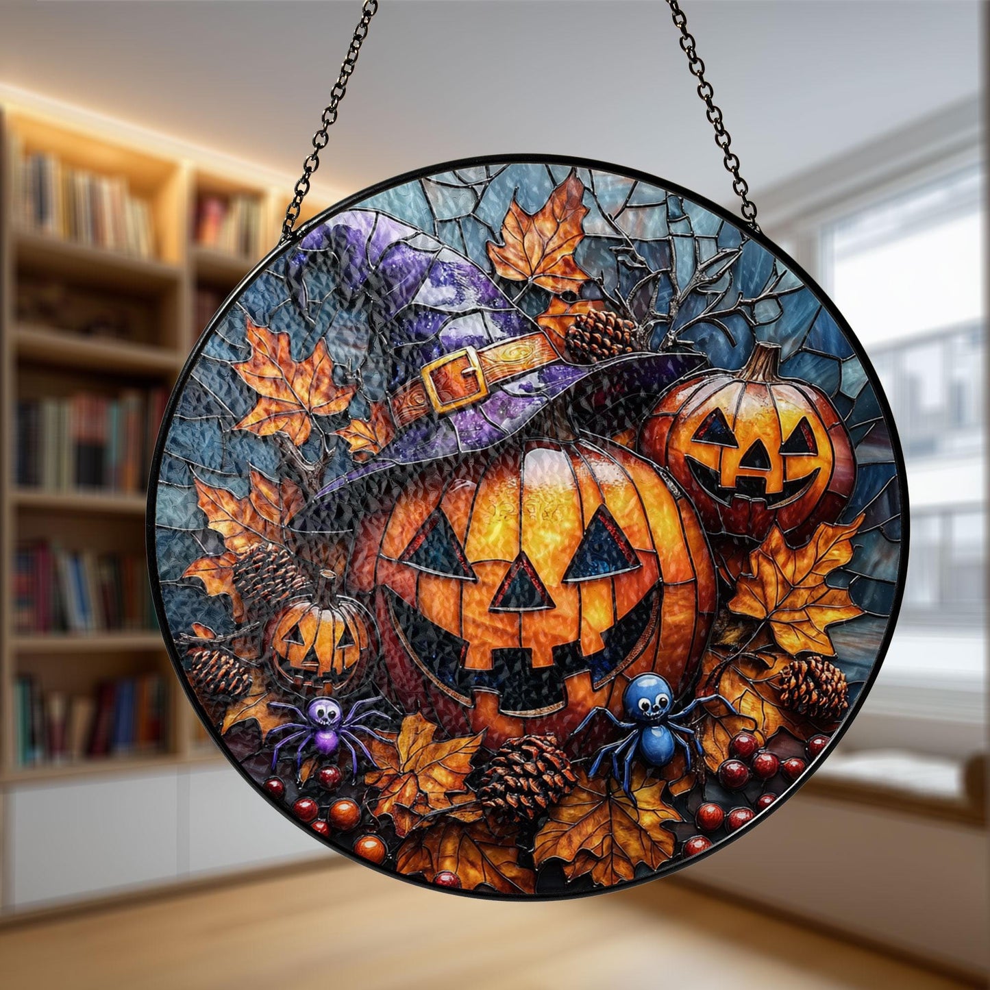 Stained Glass Pumpkin Suncatcher: Halloween Jack O' Lantern, Witch Hat Decor