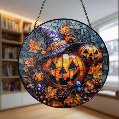 Stained Glass Pumpkin Suncatcher: Halloween Jack O' Lantern, Witch Hat Decor