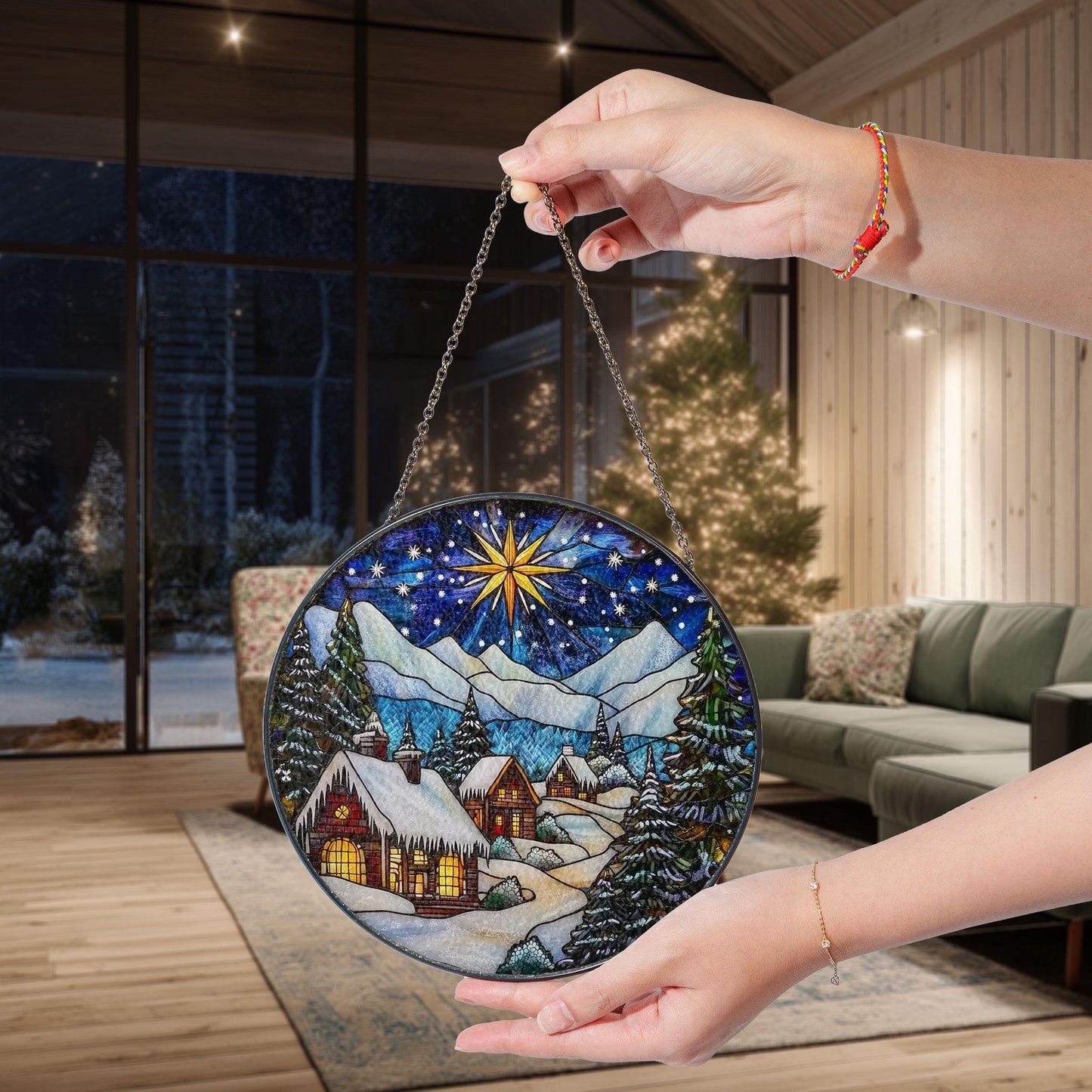 Winter Village Faux Stained Glass Suncatcher: Holiday Cabin Scene
