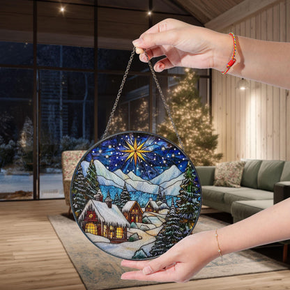 Winter Village Faux Stained Glass Suncatcher: Holiday Cabin Scene