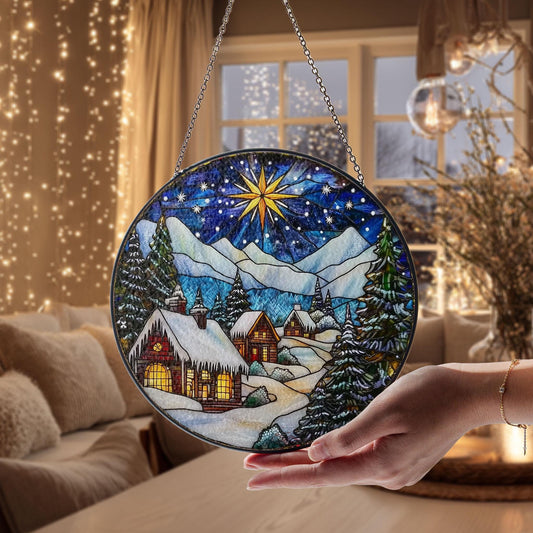 Winter Village Faux Stained Glass Suncatcher: Holiday Cabin Scene
