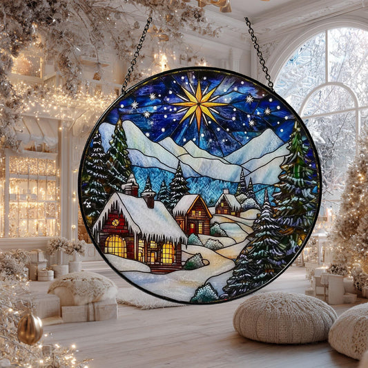 Winter Village Faux Stained Glass Suncatcher: Holiday Cabin Scene