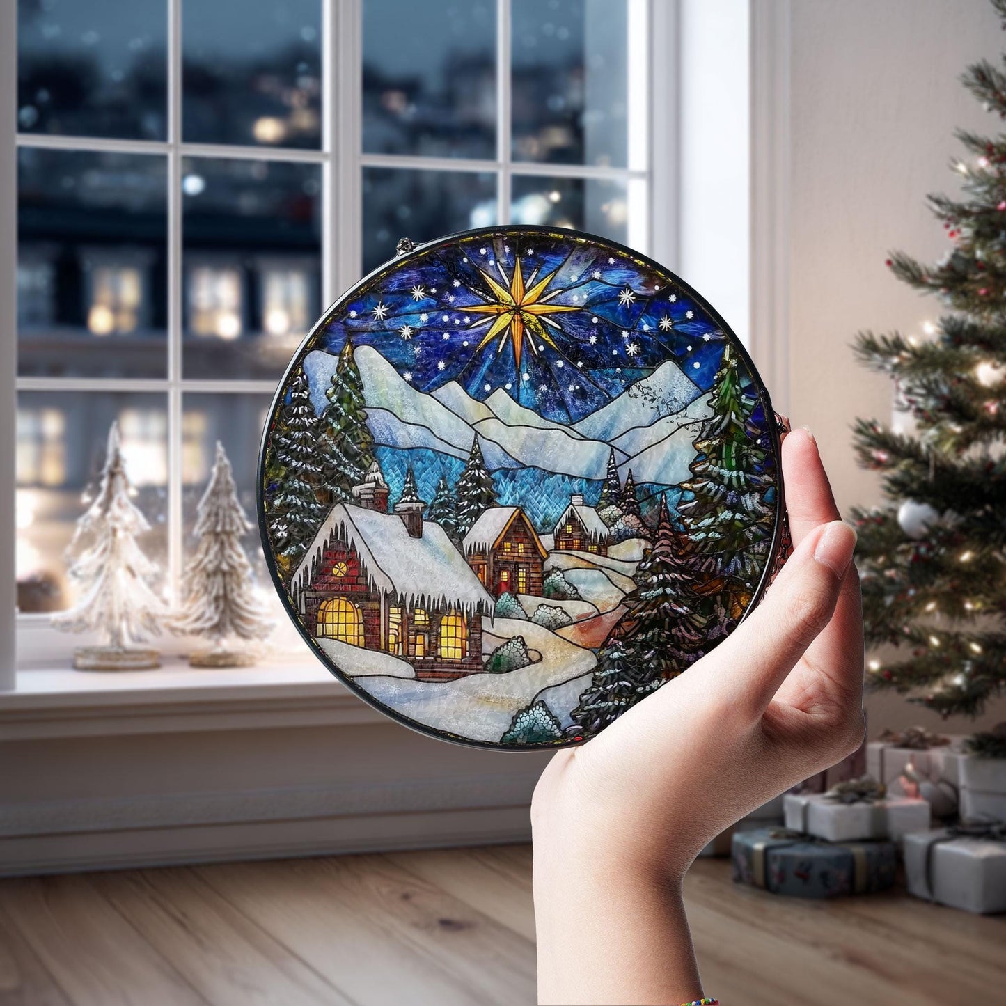 Winter Village Faux Stained Glass Suncatcher: Holiday Cabin Scene
