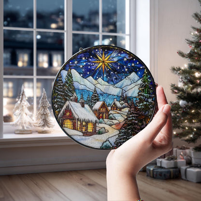 Winter Village Faux Stained Glass Suncatcher: Holiday Cabin Scene
