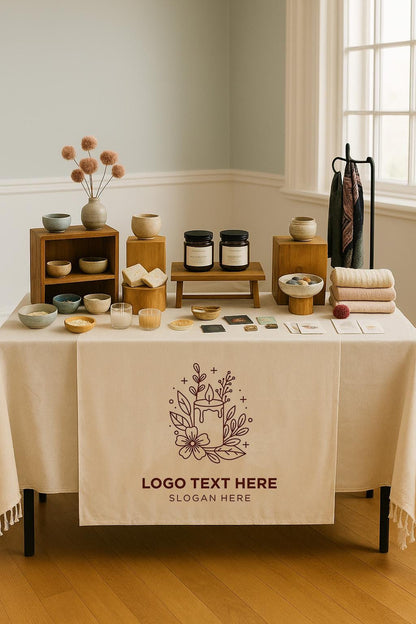 Custom Linen Table Runner with Logo, Personalized Business Branding Cloth, Vendor Market Display Decor, Trade Show Table Cover