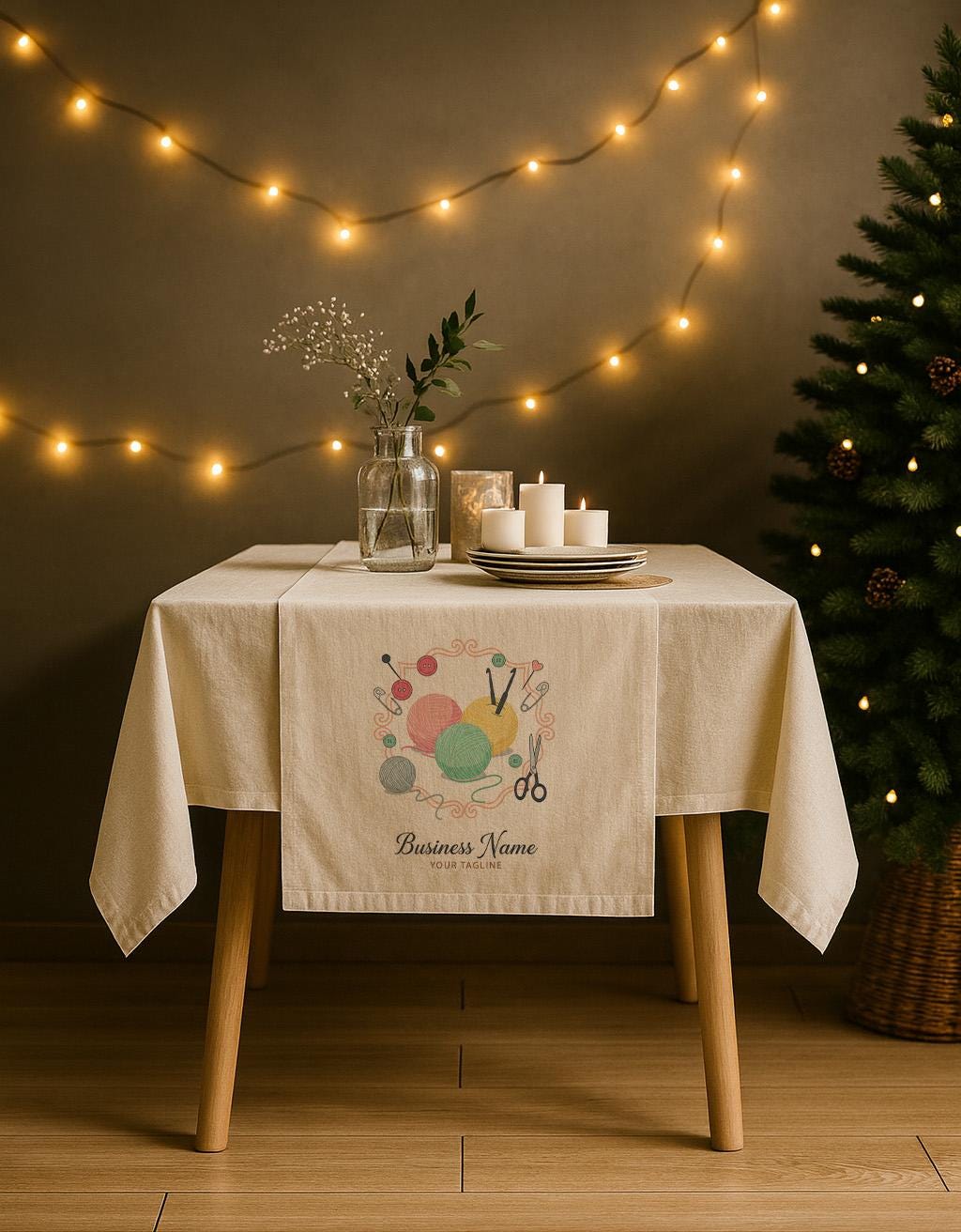 Custom Linen Table Runner with Logo, Craft Fair Display