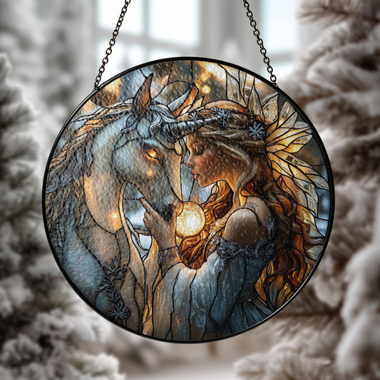 Unicorn and Fairy Stained Glass Style Sun Catcher, Fantasy Window Hanging