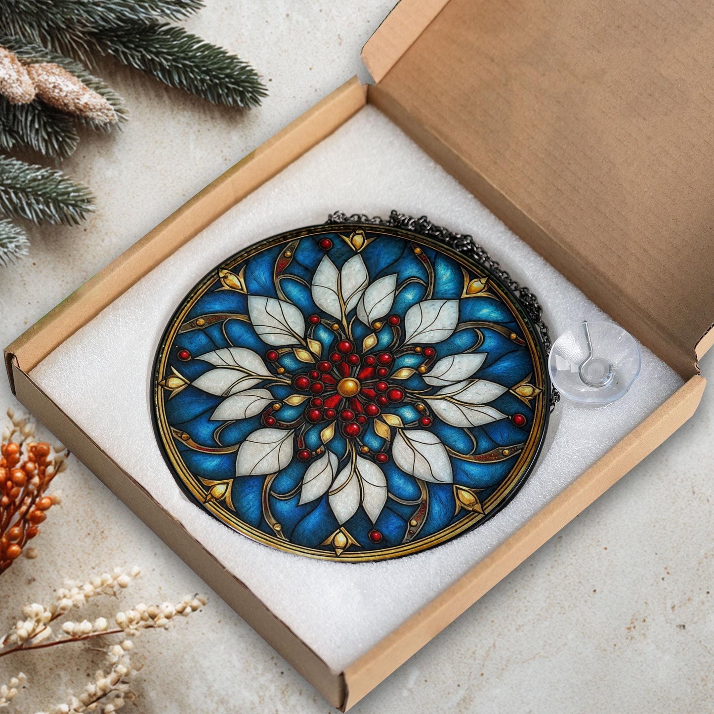 Floral Glass Suncatcher, Blue Mandala Window Hanging