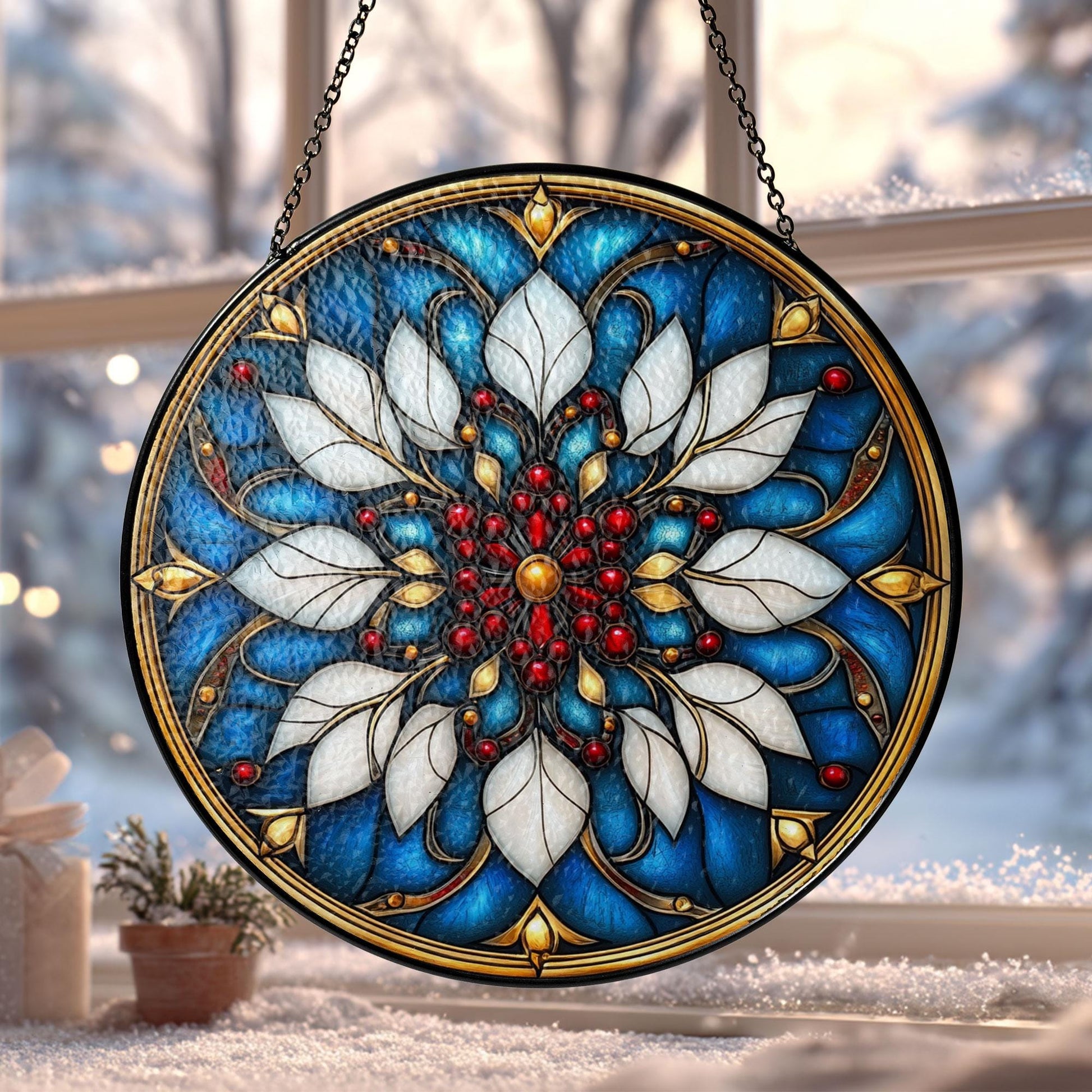 Floral Glass Suncatcher, Blue Mandala Window Hanging