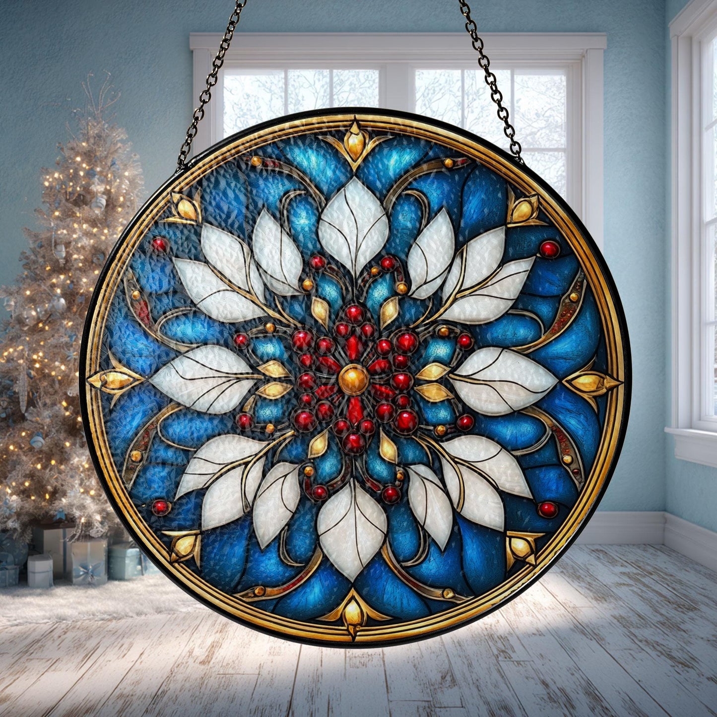 Floral Glass Suncatcher, Blue Mandala Window Hanging