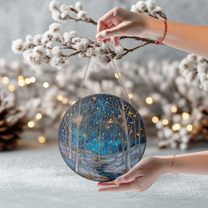 Winter Forest Glass Suncatcher, Starry Night Tree Scene, Holiday Decor