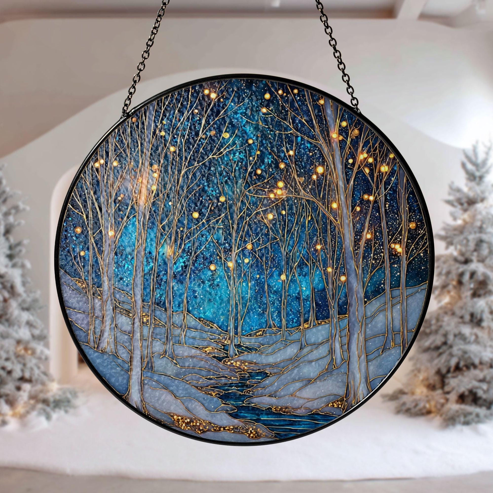 Winter Forest Glass Suncatcher, Starry Night Tree Scene, Holiday Decor