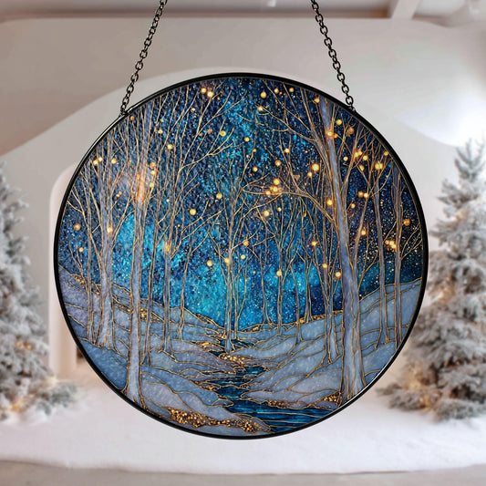 Winter Forest Glass Suncatcher, Starry Night Tree Scene, Holiday Decor
