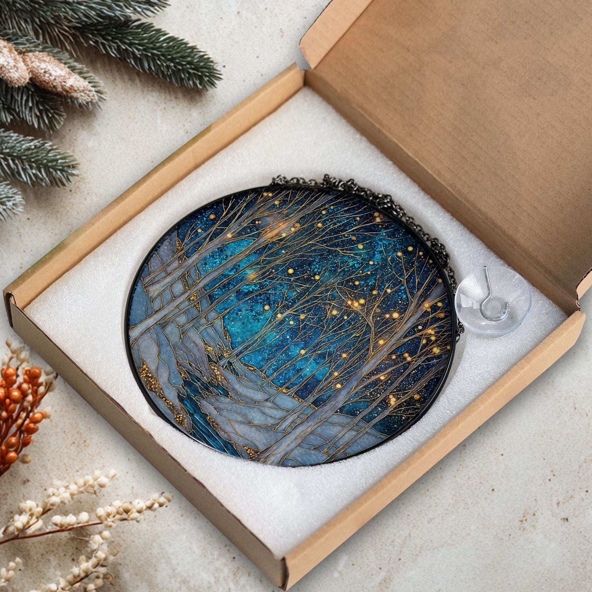Winter Forest Glass Suncatcher, Starry Night Tree Scene, Holiday Decor