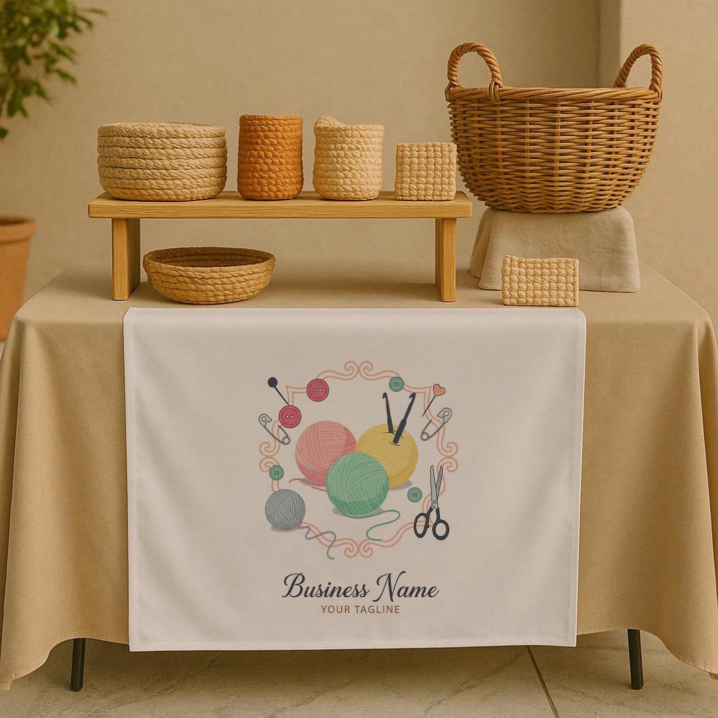 Custom Linen Table Runner with Logo, Craft Fair Display